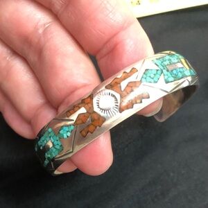 Women’s Sterling Silver/turquoise/coral cuff bracelet,Handmade Signed by artist.